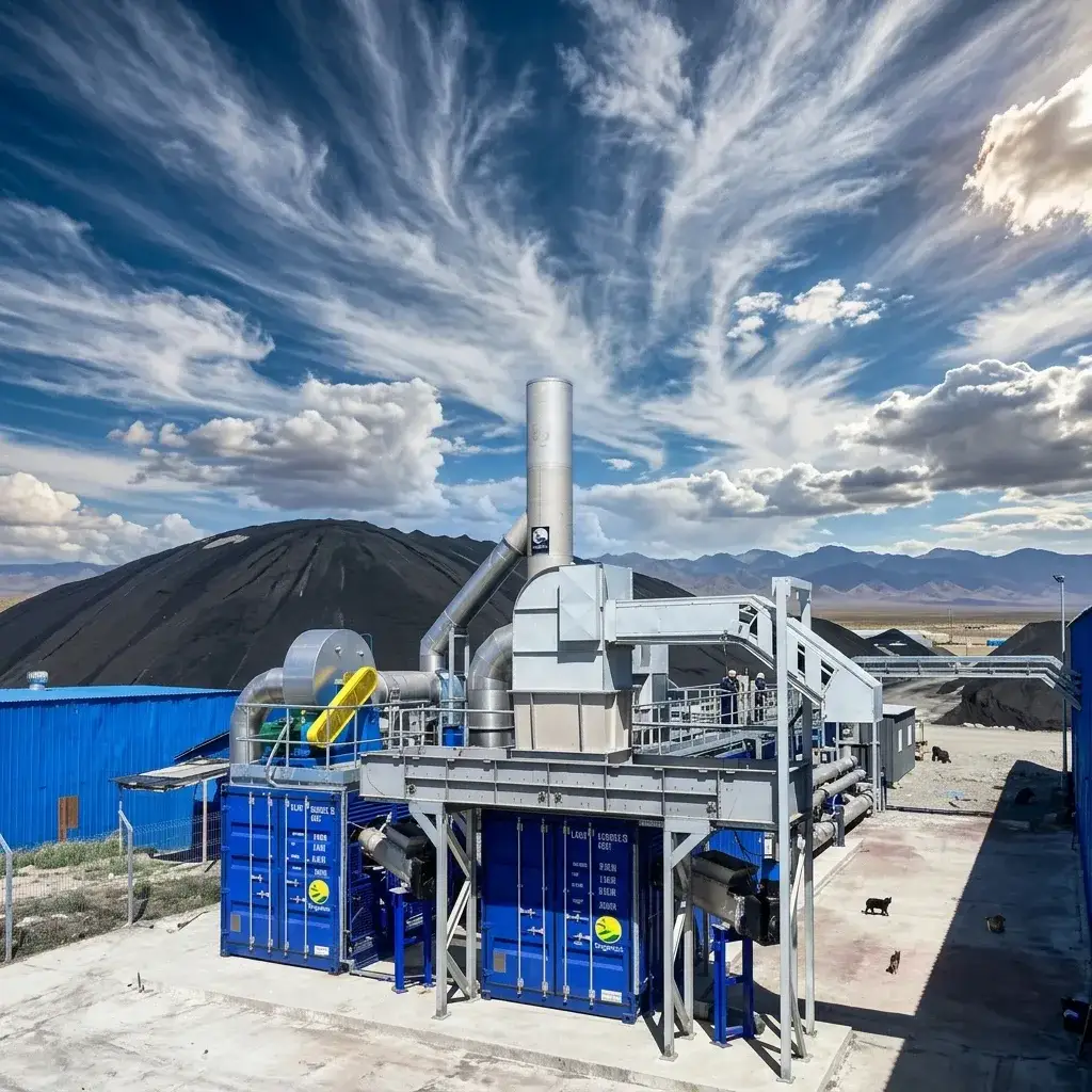 Planta de gasificación WTE de REXIN en Puerto Montt, con contenedores y chimenea de tratamiento térmico